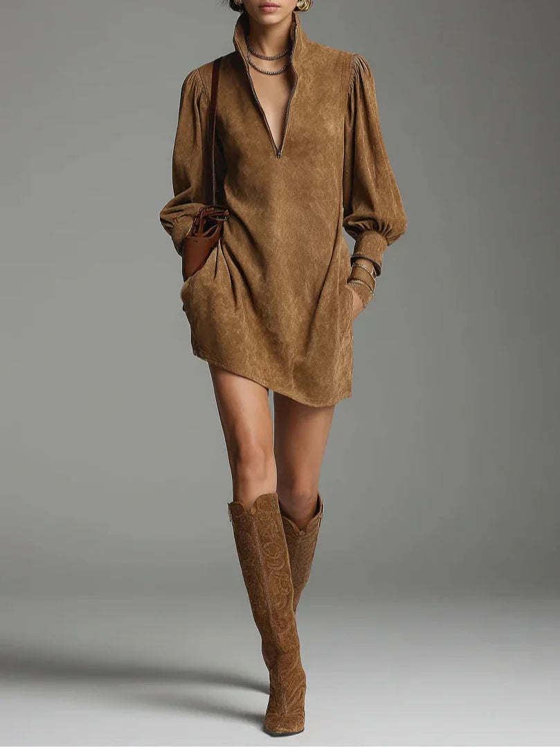 MONTANA™ | Brown Suede Mini Dress with Zip and Turtleneck