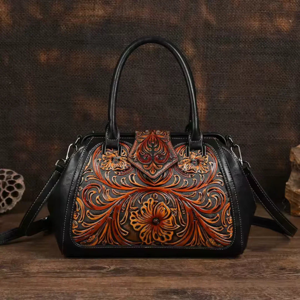 FLORINA™ – Engraved Floral Motif Leather Handbag