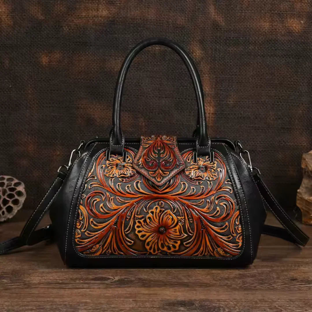 FLORINA™ – Engraved Floral Motif Leather Handbag