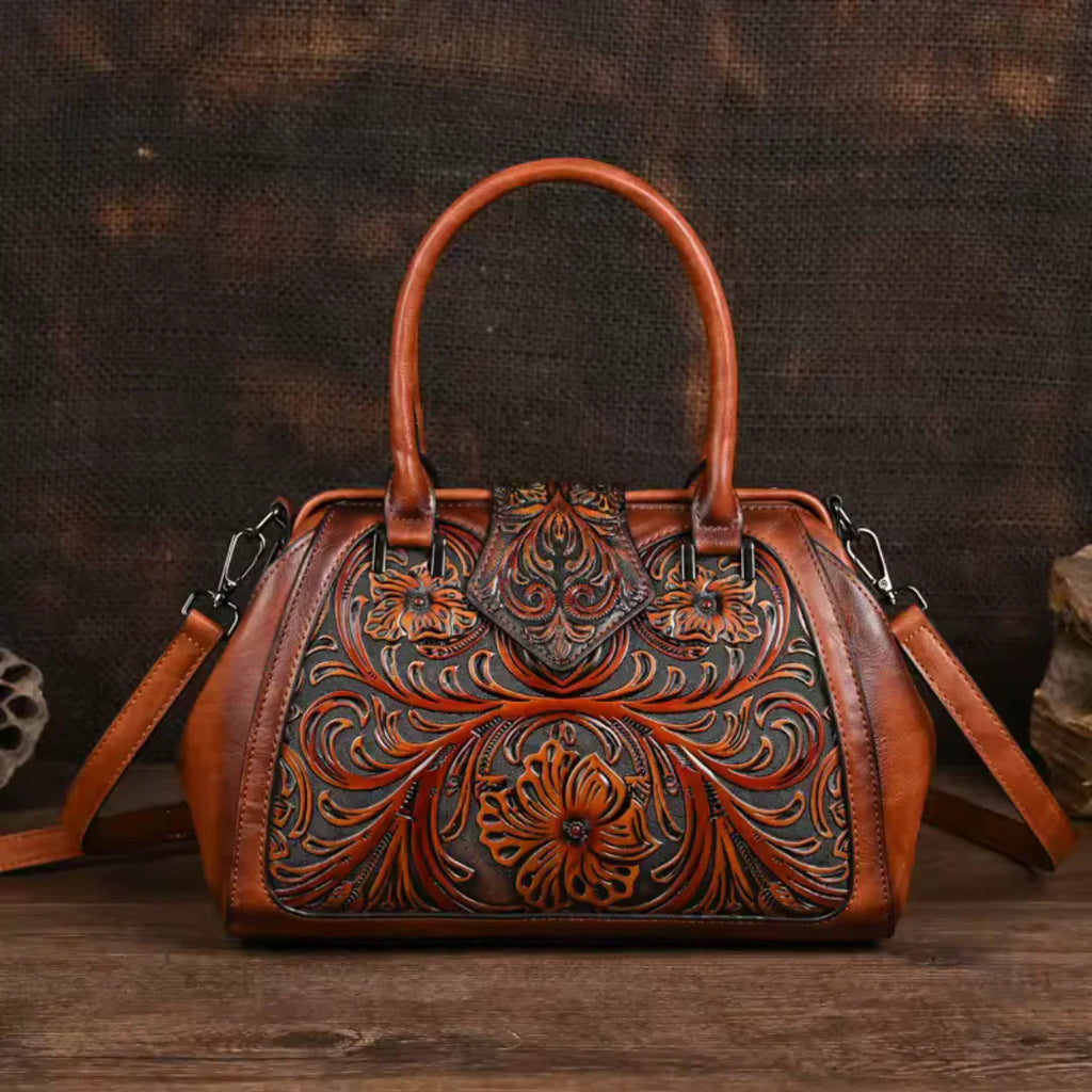FLORINA™ – Engraved Floral Motif Leather Handbag