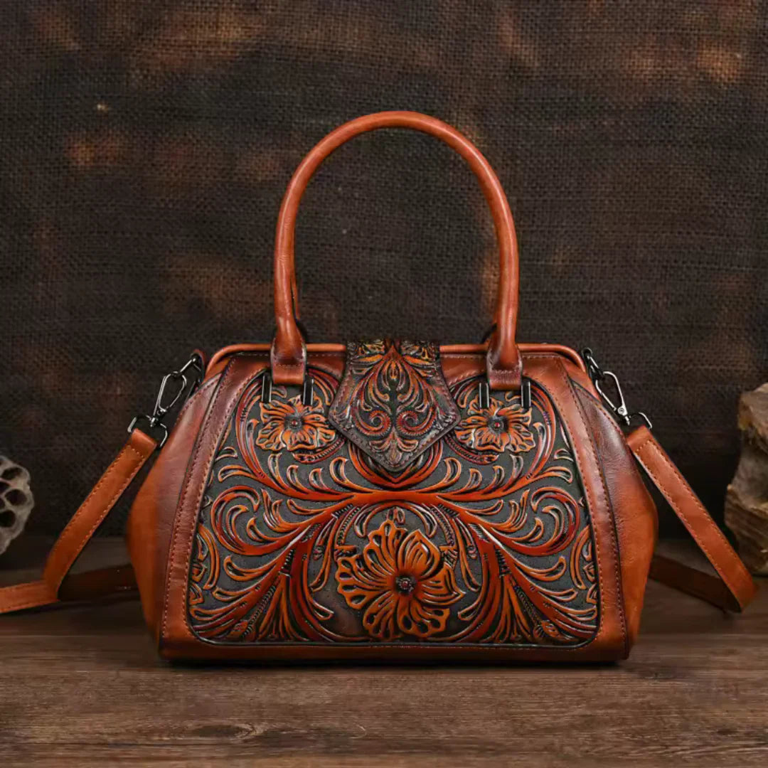 FLORINA™ – Engraved Floral Motif Leather Handbag