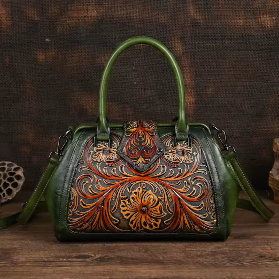 FLORINA™ – Engraved Floral Motif Leather Handbag